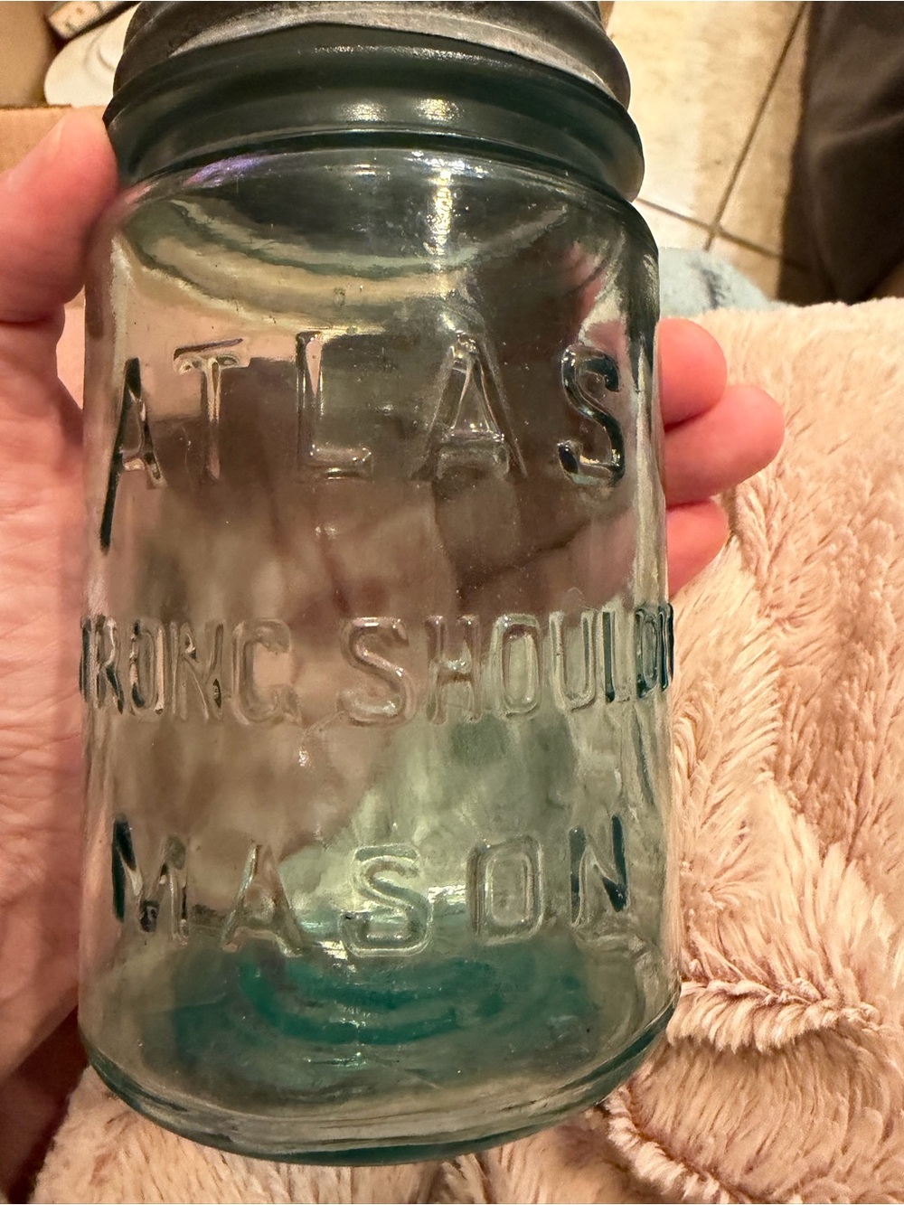 Strong Shoulder Mason Vintage Aqua Glass Jar very old one